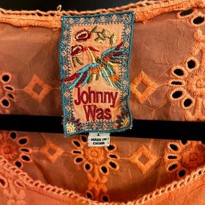 Johnny Was coral embroidered tunic shirt L